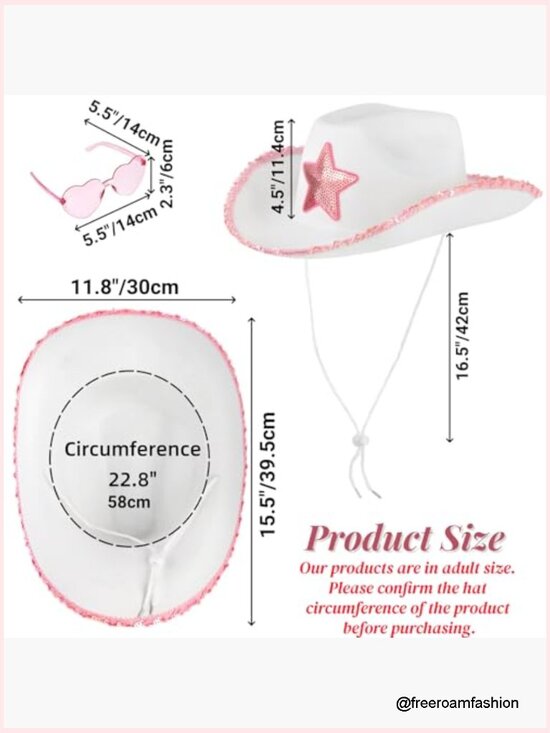 Cowgirl Hat with Heart Sunglasses, Pink Sequin Star, Adjustable String for main image 5